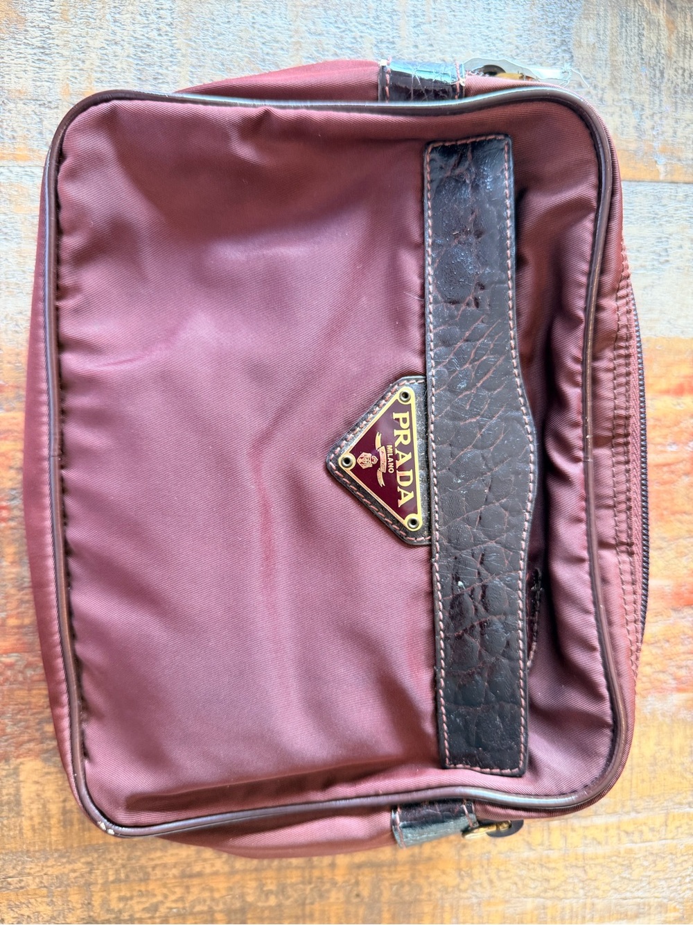 Prada Maroon Nylon Cosmetic Case with Dark Brown Leather Trim